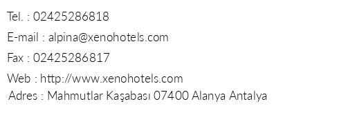 Xeno Sonas Alpina Hotel telefon numaralar, faks, e-mail, posta adresi ve iletiim bilgileri